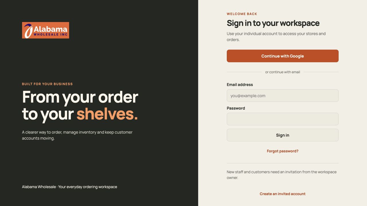 Alabama Wholesale ordering application entry screen before sign-in, with no private order data.