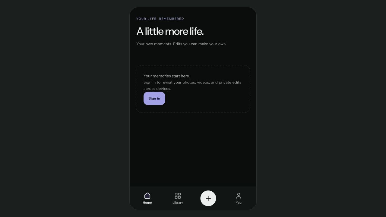 The public Lÿfe app home before sign-in, introducing its personal photo and memory tools.